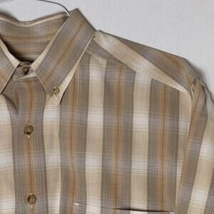 VTG Eddie Bauer Men’s M Button Front Shirt Beige Brown Tan Plaid Long Sleeve EUC